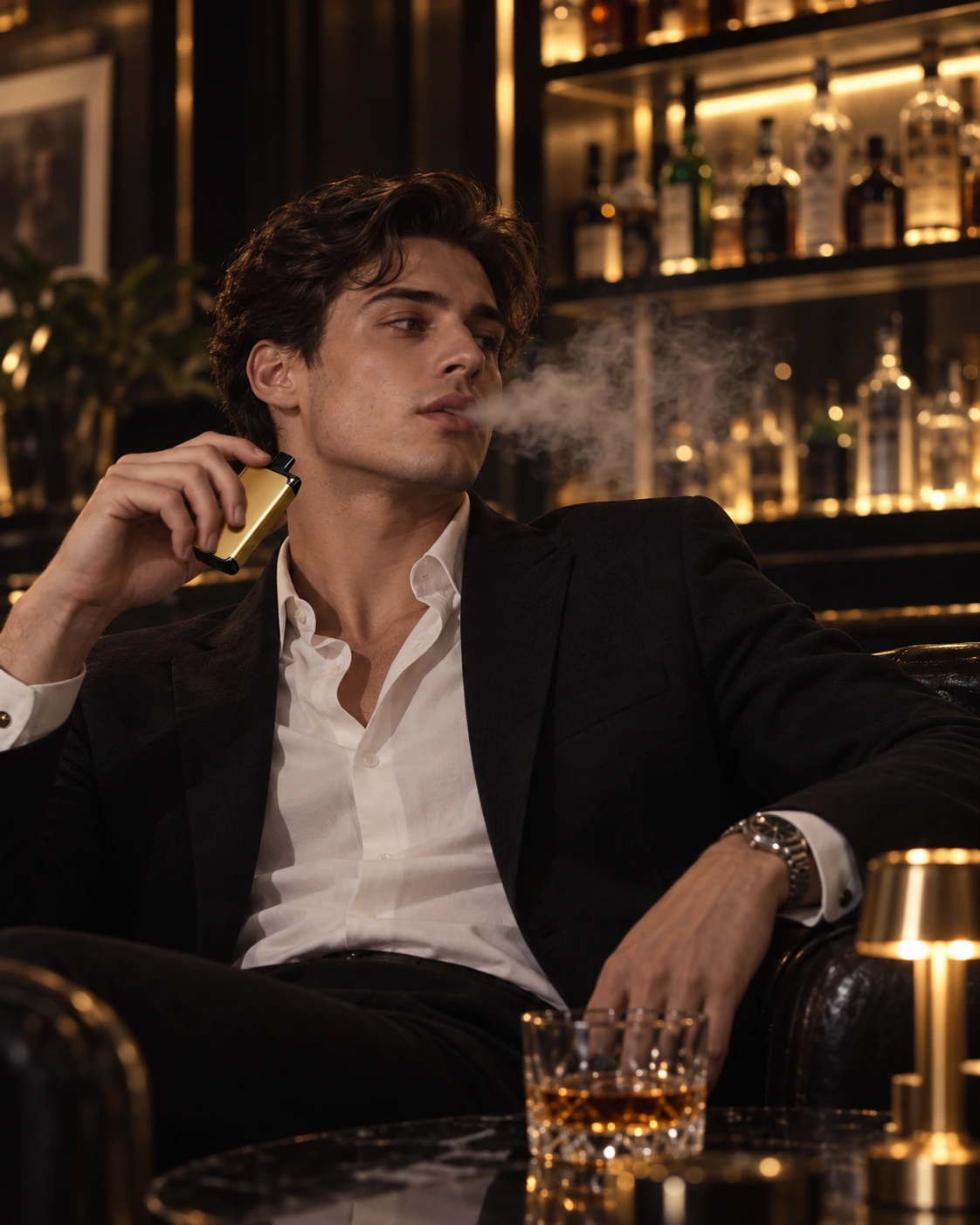 Adult model holding an ALIBARBAR gold device in a premium lounge setting