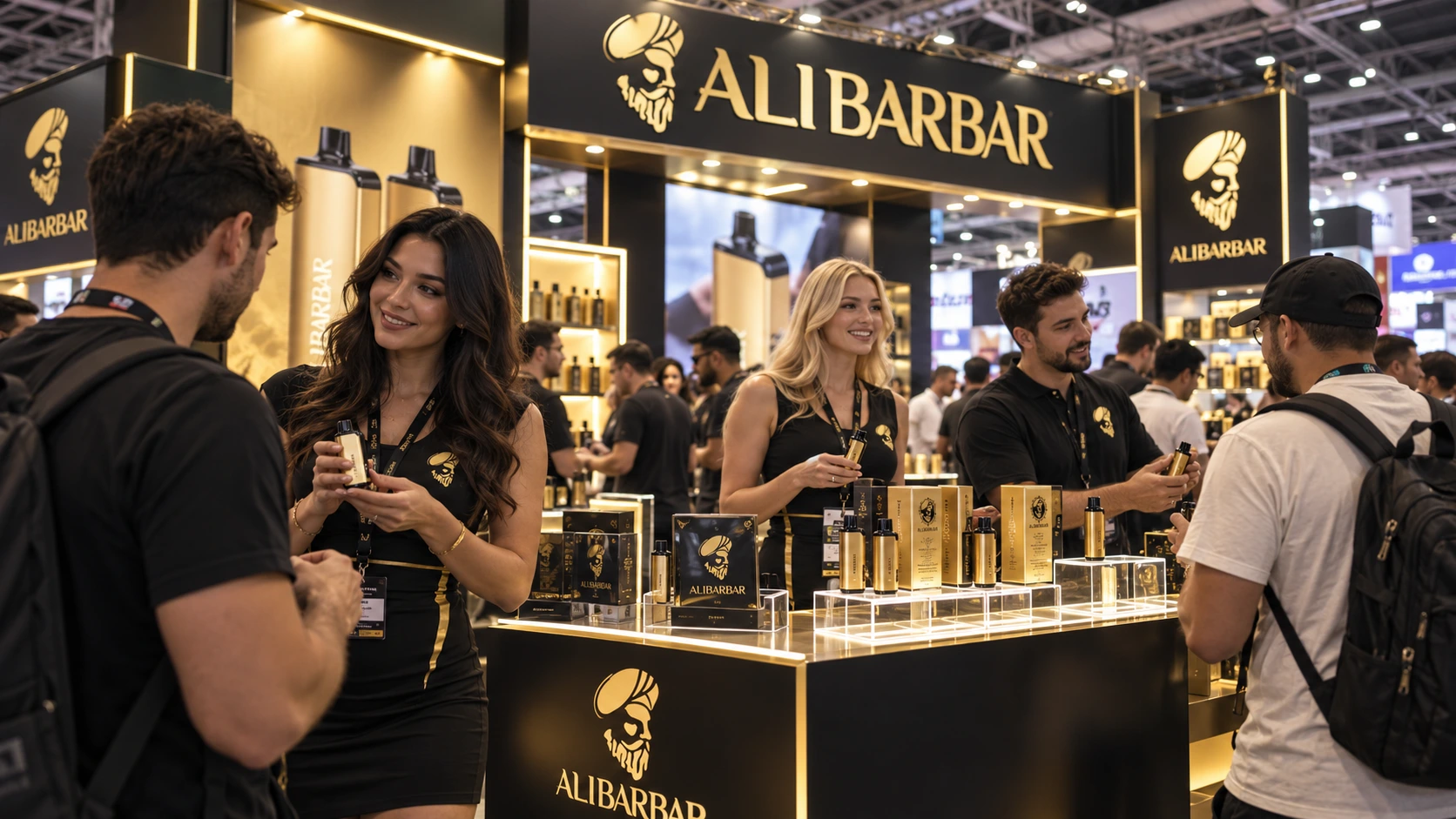 ALIBARBAR black and gold brand exhibition visual with product displays