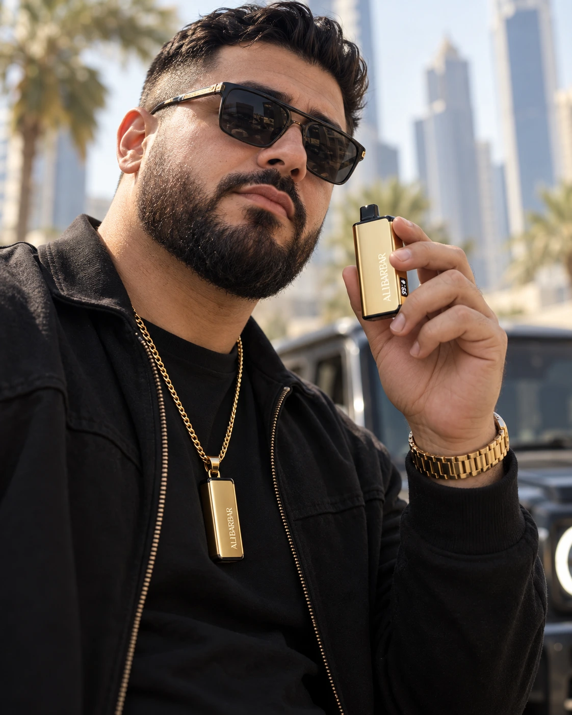 Adult model holding a gold ALIBARBAR device in an urban lifestyle setting